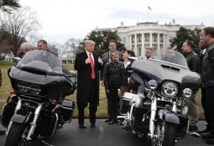 Donald Trump meets with Harley Davidson executives and union representatives on the South Lawn of the White House in January