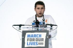 Alex Wind, a survivor of the mass shooting at Marjory Stoneman Douglas High School in Parkland, FL, speaks during the “March for Our Lives” rally