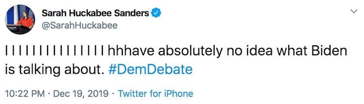 Sarah Huckabee Sanders tweet mocking Biden Screen Shot 2019-12-20 at 8.55.16 AM
