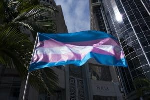 A transgender flag is seen waving during the We Wont Be Erased transgender rights movement during a gathering at City Hall in Orlando, Florida on Saturday, October 27, 2018.