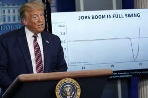 Donald Trump with chart declaring jobs boom