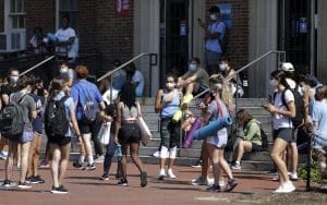Students in masks outside gym at UNC Chapel Hill, August 2020