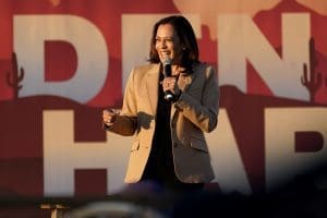 Democratic vice presidential candidate Sen. Kamala Harris (D-CA) speaking at a campaign event in Phoenix