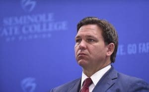 May 16, 2022 - Florida Gov. Ron DeSantis listens at a press conference at Seminole State College to announce his approval of over $125 million for nursing education on May 16, 2022 in Sanford, Florida.