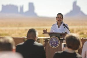 U.S. Interior Secretary Deb Haaland speaks during a signing ceremony in the Navajo Nation for the Navajo Utah Water Rights Settlement Act on May 27, 2022.