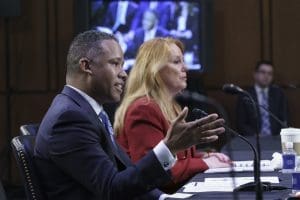 Kenneth Polite, assistant attorney general for the Justice Department Criminal Division, and Kim Wyman, senior election security advisor with the Cybersecurity and Infrastructure Security Agency, testify before the Senate Judiciary Committee on Wednesday, Aug. 3, 2022.