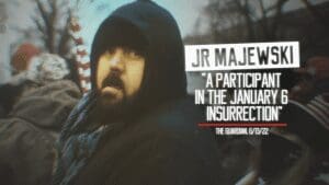 A photo of J.R. Majewski in a hoodie on Jan. 6, 2021 from an ad by the House Majority PAC, reading 