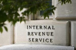 A sign outside the Internal Revenue Service building in Washington, on May 4, 2021