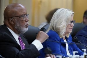 Chairman Rep. Bennie Thompson, D-Miss., and Vice chair Rep. Liz Cheney, R-Wyo., listen as the House select committee investigating the Jan. 6 attack on the U.S. Capitol holds a hearing on Capitol Hill in Washington, Thursday, Oct. 13, 2022. (AP Photo/Jacquelyn Martin)