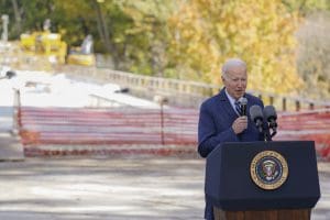 President Joe Biden speaks in front of the Fern Hollow Bridge in Pittsburgh on Thursday, Oct. 20, 2022.