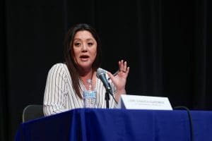 Republican Lori Chavez DeRemer speaks at a debate with Democrat Jamie McLeod-Skinner in Lake Oswego, Oregon on October 17, 2022.