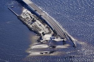 Damaged Sanibel Island causeway after Hurricane Ian