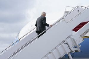 President Joe Biden boards Air Force One and departs Delaware Air National Guard Base in New Castle, Del., Monday, Oct. 17, 2022, on his way back to the White House. (AP Photo/Manuel Balce Ceneta)