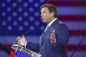Florida Gov. Ron DeSantis speaks at the Conservative Political Action Conference (CPAC) Thursday, Feb. 24, 2022, in Orlando, Fla. On Friday, March 18, The Associated Press reported on stories circulating online incorrectly claiming Florida, led by DeSantis, has eliminated its tax on gas.