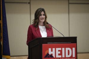 Republican candidate for Colorado governorship, Heidi Ganahl, speaks during a debate on the campus of Colorado State University-Pueblo Wednesday, Sept. 28, 2022, in Pueblo, Colo. (AP Photo/David Zalubowski)