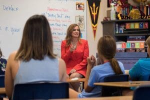 2022 Arizona state legislature district 4 candidate Maria Syms speaks in a classroom.