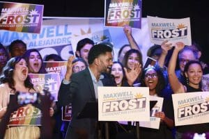 Maxwell Frost speaks as he celebrates with supporters during a victory party at The Abbey in Orlando, Florida on Tuesday, Nov. 8, 2022.
