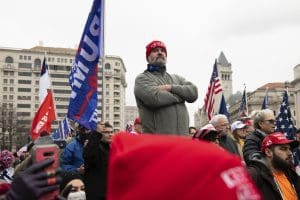 Pro-Trump demonstrators gathering in Washington, D.C.'s Freedom Plaza to protest the results of the 2020 presidential election, on January 5, 2021, one day before the January 6 attack on the U.S. Capitol.