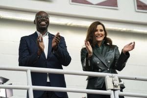 Governor Gretchen Whitmer (right) and Lieutenant Governor Garlin Gilchrist II (left) during a Get Out the Vote Rally with President Barack Obama ahead of the 2022 midterm elections.