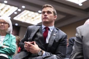 Rep. Madison Cawthorn, R-N.C., is seen before former President Donald Trump addressed the America First Policy Institute's America First Agenda Summit at the Marriott Marquis on Tuesday, July 26, 2022.