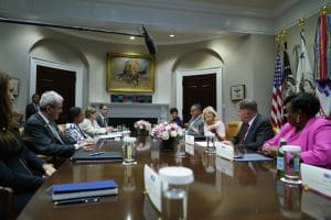 First lady Jill Biden joins a White House Domestic Policy Council meeting in the Roosevelt Room of the White House on Wednesday, Aug. 31, 2022.