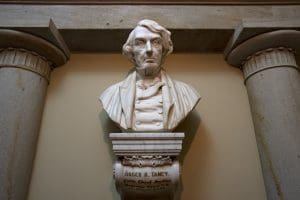 A marble bust of Chief Justice Roger Taney is displayed in the Old Supreme Court Chamber in the U.S. Capitol in Washington, on March 9, 2020.