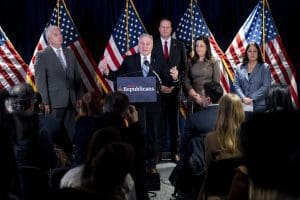 House Majority Leader Rep. Steve Scalise, accompanied by Majority Whip Rep. Tom Emmer, Rep. August Pfluger, Republican Conference Chairman Rep. Elise Stefanik, and Rep. Lori Chavez-DeRemer, speaks at a news conference on Capitol Hill in Washington, Wednesday, Jan. 25, 2023.