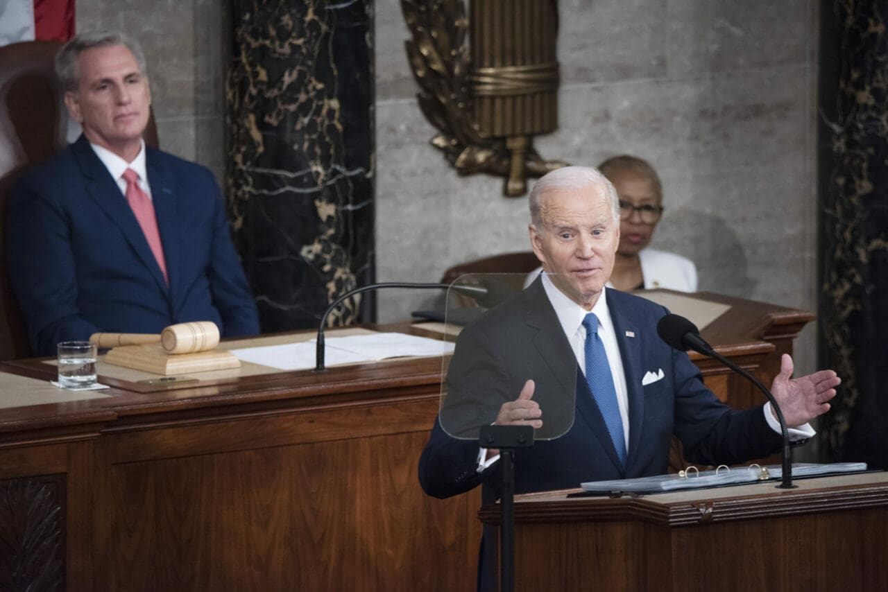 President Biden delivering his second State of the Union address as the Speaker of the House, Kevin McCarthy, looks on.