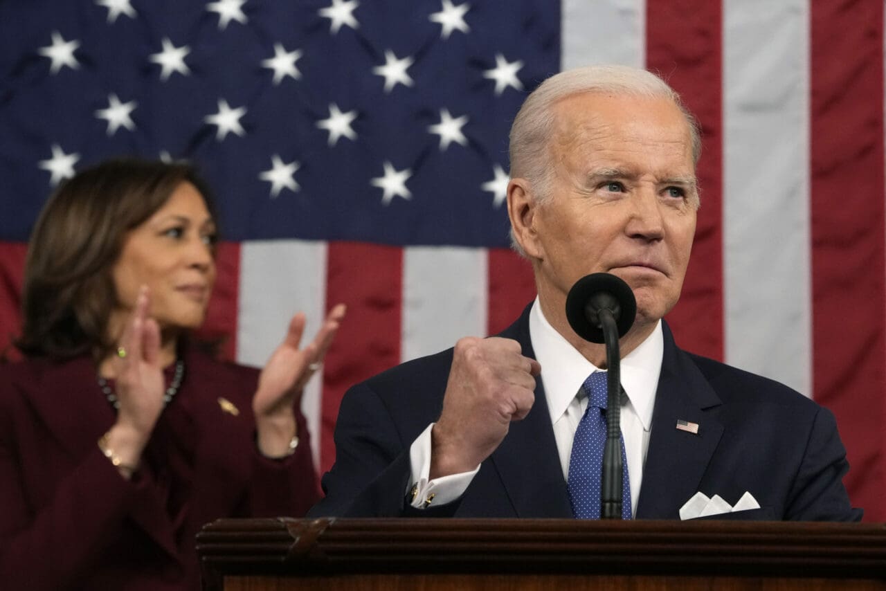 President Joe Biden delivers the State of the Union address to a joint session of Congress at the Capitol, Tuesday, Feb. 7, 2023, in Washington, as Vice President Kamala Harris applauds.