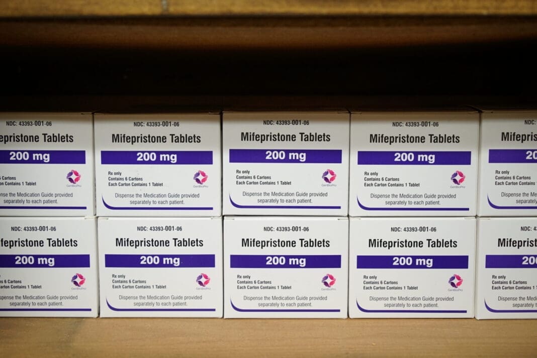 Boxes of the drug mifepristone line a shelf at the West Alabama Women's Center in Tuscaloosa, Ala., on March 16, 2022.