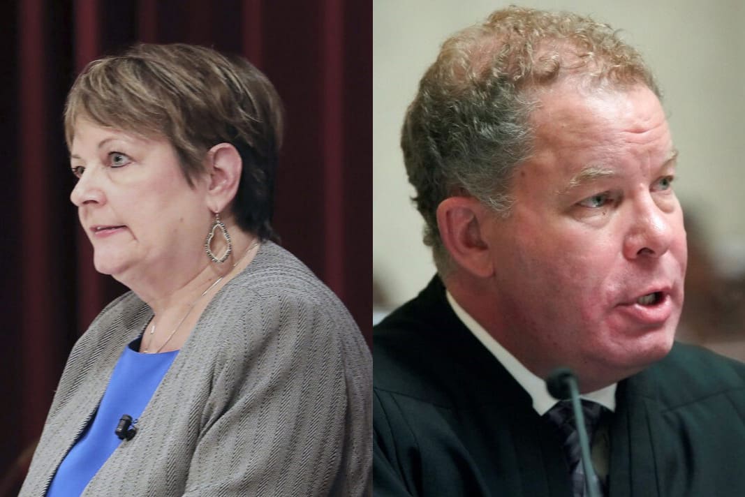 Janet Protasiewicz (left) and Daniel Kelly (right). Protasiewicz and Kelly were the top two vote-getters in the Feb 22 Wisconsin Supreme Court primary election and will face off in the general election on April 4.