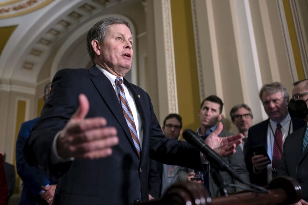 Sen. Steve Daines, R-Mont., speaks during a news conference at the Capitol in Washington, Feb. 14, 2023.
