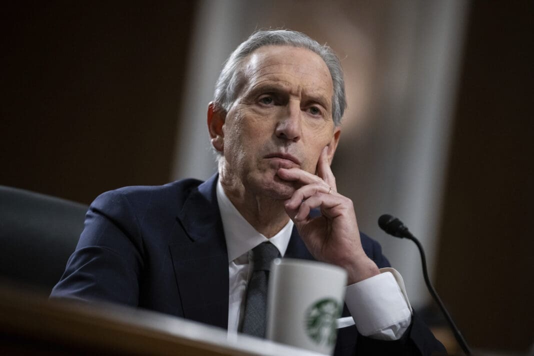 Former Starbucks CEO Howard Schultz testifies during a Senate Health, Education, Labor and Pensions Committee hearing on Starbucks' union busting practices, at the U.S. Capitol, in Washington, D.C., on Wednesday, March 29, 2023.