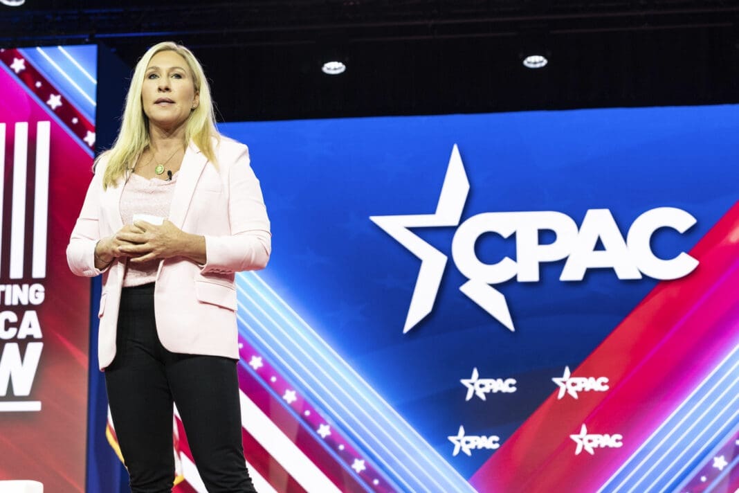 Congresswoman Marjorie Taylor Greene speaks on the 2nd day of CPAC Washington, DC conference at Gaylord National Harbor Resort & Convention on March 3, 2023.