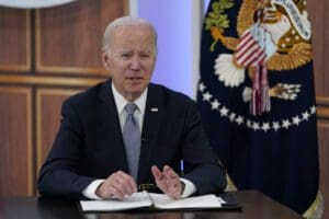 President Joe Biden speaks from the White House at the fourth virtual Major Economies Forum on energy and climate, on Thursday, April 20, 2023.