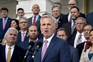Speaker of the House Kevin McCarthy holds an event to mark 100 days of the Republican House majority on the steps of the Capitol, Monday, April 17, 2023.