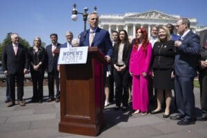 Kevin McCarthy outside the U.S. Capitol at a press conference recognizing the passing of the Protection of Women and Girls in Sports Act on April 20, 2023