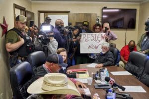 People from Idabel, Oklahoma call for the resignation of several officials at a McCurtain County commissioners meeting on April 17, 2023, after tapes with racist comments surfaced.