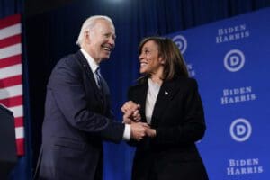 President Joe Biden speaks with Vice President Kamala Harris after speaking at the Democratic National Committee Winter Meeting, Friday, Feb. 3, 2023, in Philadelphia.