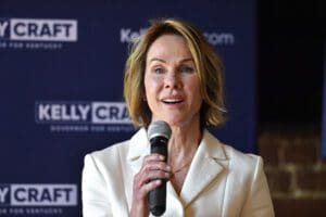 Kentucky republican gubernatorial candidate Kelly Craft speaks to supporters during a campaign stop in Elizabethtown, Ky., Wednesday, April 12, 2023.