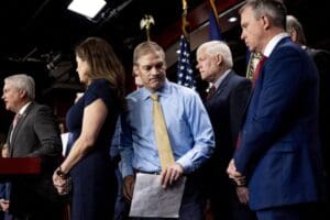 Rep. Jim Jordan center, accompanied House Committee on Oversight and Accountability Chairman Rep. James Comer Jr., left, Rep. Nancy Mace, second from left, Rep. Pete Sessions, second from right, and Rep. Kelly Armstrong, right, and steps away from the podium after speaking during a news conference on the House Republicans investigation into the Biden Family on Capitol Hill in Washington, Wednesday, May 10, 2023.