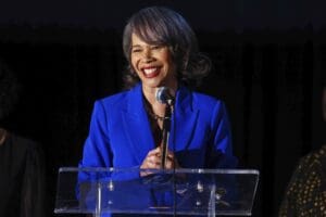 Rep. Lisa Blunt Rochester (D-DE) gives remarks during a Democratic watch party on Tuesday, November 08, 2022 at The DoubleTree by Hilton Hotel in Downtown Wilmington, Delaware. (Saquan Stimpson/ZUMA Press Wire/Cal Sport Media via AP Images)