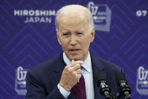 US President Joe Biden speaks during a news conference following the Group of Seven (G-7) leaders summit in Hiroshima, Japan, on Sunday, May 21, 2023.