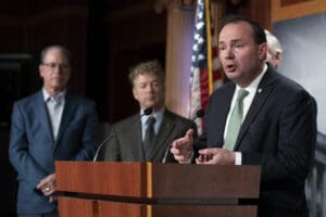 Sen. Mike Lee, R-Utah, talks about debt ceiling during a news conference on Capitol Hill in Washington, Wednesday, Jan. 25, 2023.