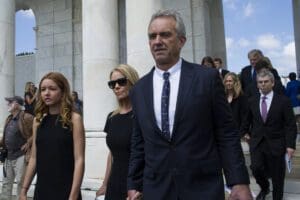Robert F. Kennedy, Jr. and his wife Cheryl Hines, center, arrive for the Celebration of the Life of Robert F. Kennedy at Arlington National Cemetery in Arlington, Wednesday, June 6, 2018.