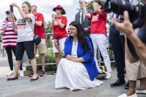 Rep. Rashida Tlaib, D-Mich., attends a news conference outside the U.S. Capitol on a discharge petitions to bring 