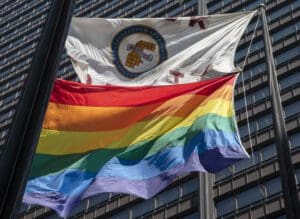 A rainbow flag is raised in Daley Plaza, Tuesday, June 1, 2021, in Chicago, to mark beginning of Pride Month.