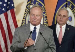 House Minority Whip Rep. Steve Scalise, R-La., right, listens as Rep. John Joyce, R-Pa., speaks during a news conference at the Capitol in Washington, Tuesday, July 19, 2022.