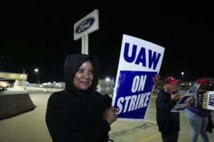 United Auto Workers members picket at Ford's Michigan Assembly Plant in Wayne, Mich., after a strike began early Friday, Sept. 15, 2023.