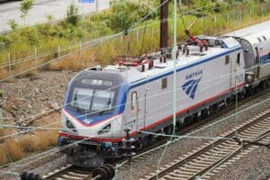 An Amtrak train departs 30th Street Station in Philadelphia on Oct. 27, 2021.